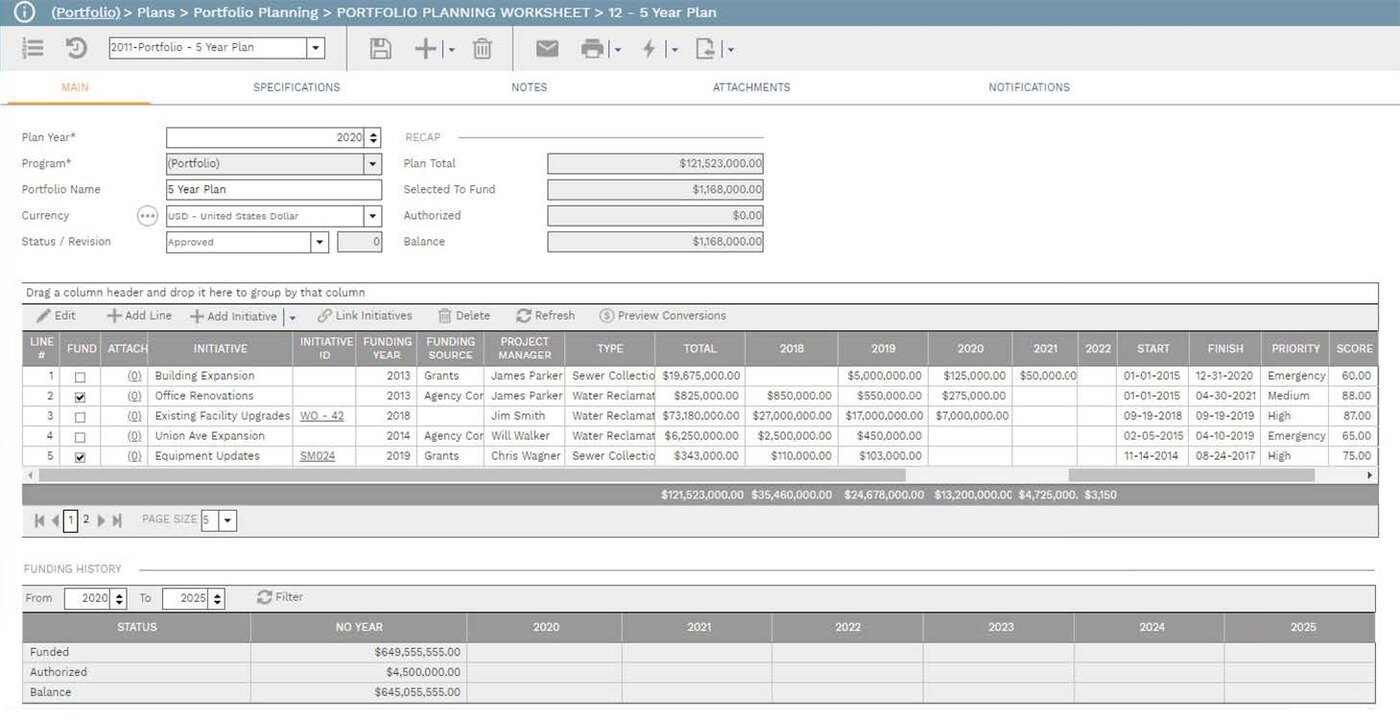 PMWEB Plan module planning workspace screenshot.