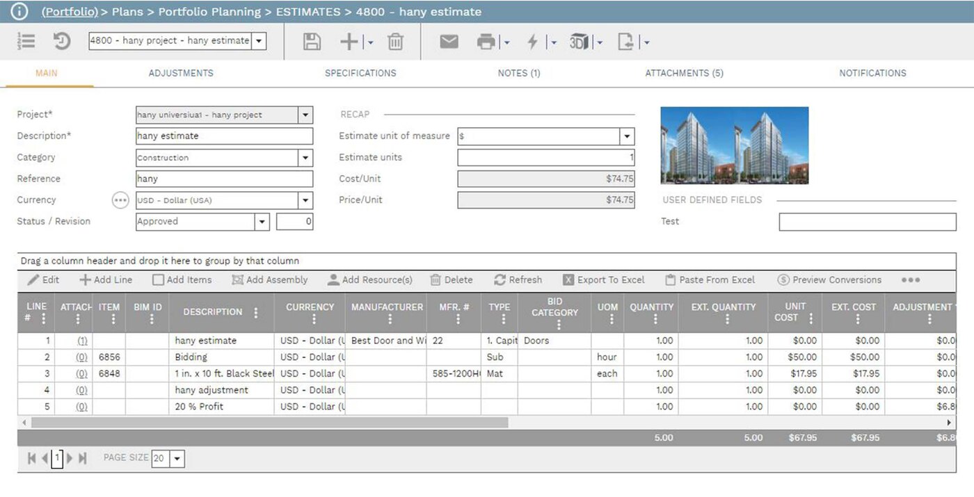 PMWEB Plan module: estimating workspace showing a multi-level work breakdown structure with line-item cost estimates.