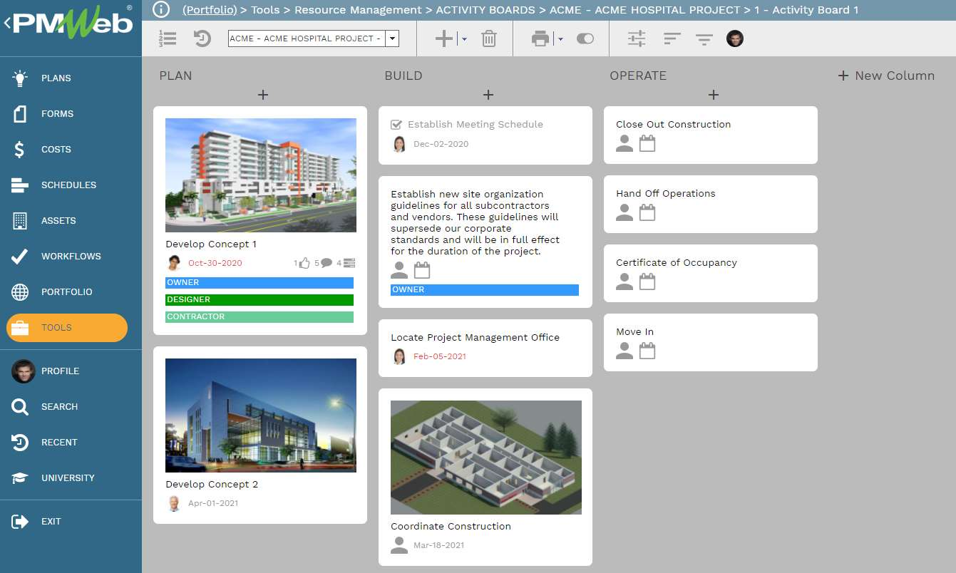 PMWEB Activity Board in Card View — a Kanban-style board with task cards organised in columns